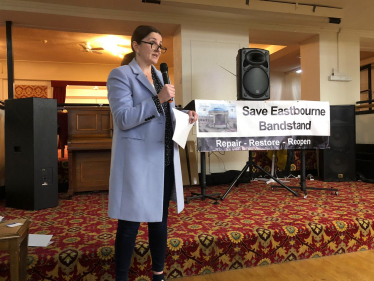 Caroline addressing Save Eastbourne Bandstand